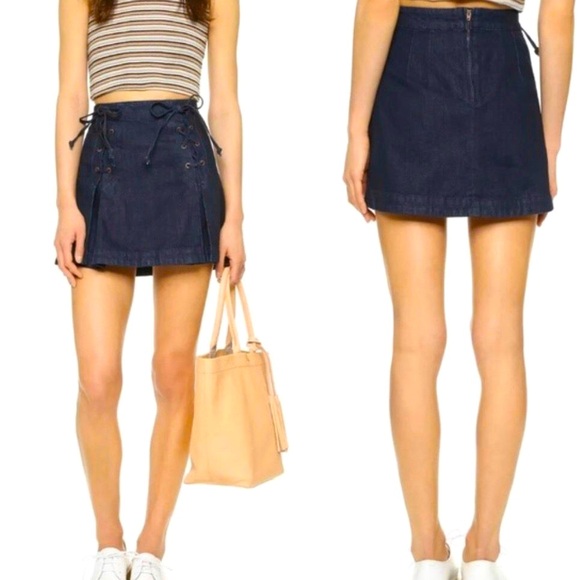 Free People Dresses & Skirts - Free People Pleated Denim Mini Skirt Lace Up Size 4